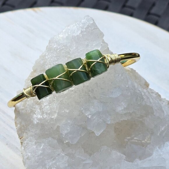 Jade 4-Stone Wire Wrap Cuff โ 14Kt Gold Over Copper โ Wisdom & Balance Talisman - Picture 3 of 11
